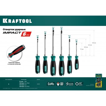 Набор отверток ударных "IMPACT", KRAFTOOL 25025, сквозной стержень из Cr-Mo-V стали, SL4,5x90мм, SL5,5x100мм, SL6,5x125мм, PH1x80мм, PH2x100мм 25025